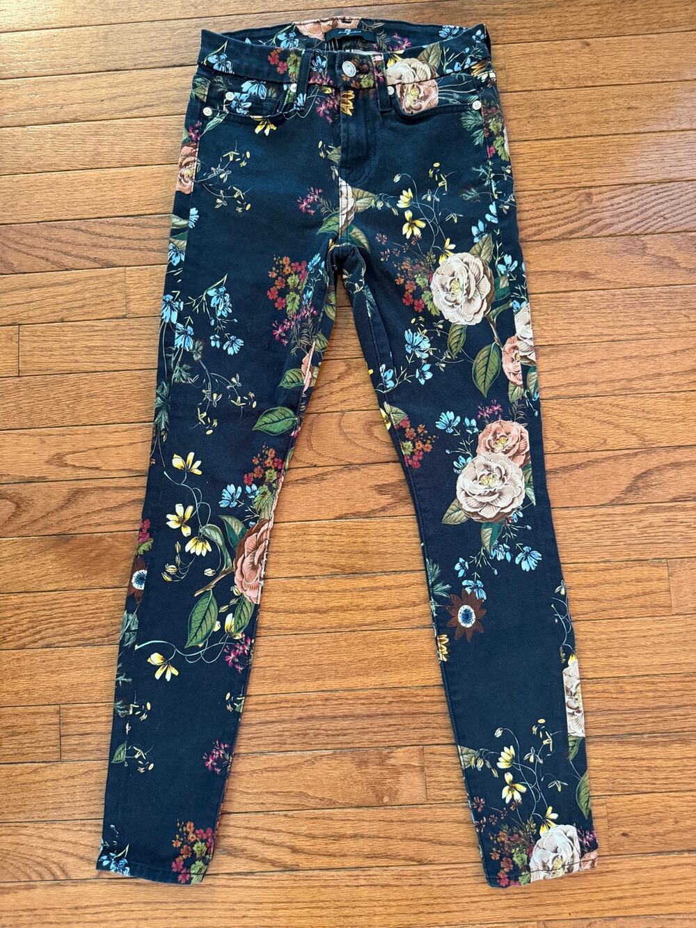 7 For All Mankind Floral Print Stretch Skinny Jeans Black / Multi Size 25 (0-2)